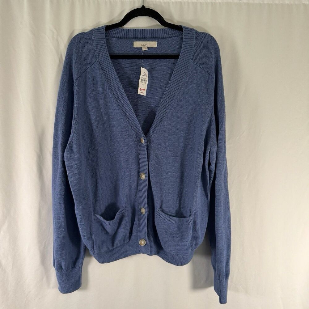 New LOFT Cardigan Women's XL Blue Knit Button Up Long Sleeve 100% Cotton